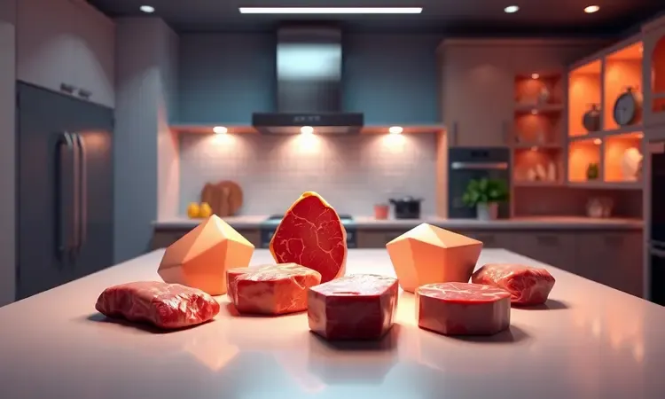 Composição 3D estilizada de formas geométricas coloridas representando diferentes cortes de carne em uma cozinha moderna.