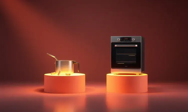 Representação artística de dois modelos de air fryer em pedestais iluminados para escolha do consumidor.