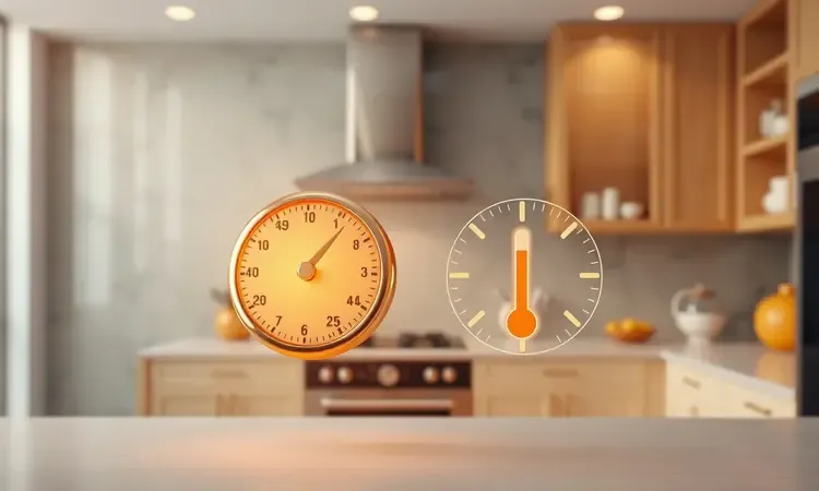 Ícones conceituais em 3D de um cronômetro e um termômetro flutuando em uma cozinha moderna para escolha de eletrodomésticos.
