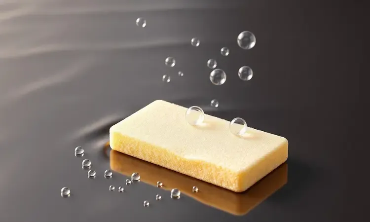 Bolhas de sabão suaves e água cristalina sobre uma superfície escura e brilhante de revestimento antiaderente.