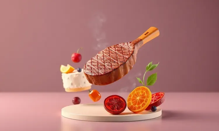 Arranjo artístico 3D mostrando diferentes tipos de alimentos como carnes grelhadas e fatias de frutas em uma composição vibrante.