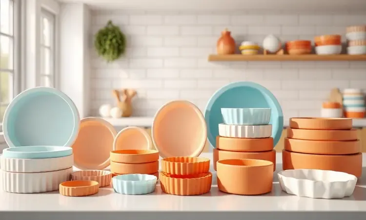 Representação 3D de diferentes tamanhos de formas de silicone coloridas organizadas por escala.