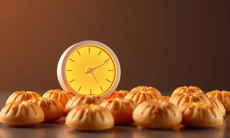 Ícones de tempo e temperatura em 3D cercados por pastéis perfeitamente assados e crocantes.