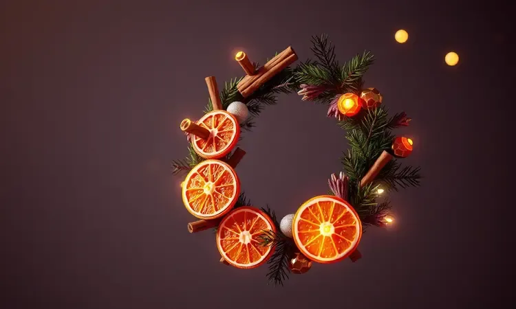 Guirlanda decorativa de natal feita com fatias de laranjas desidratadas em estilo 3D festivo.