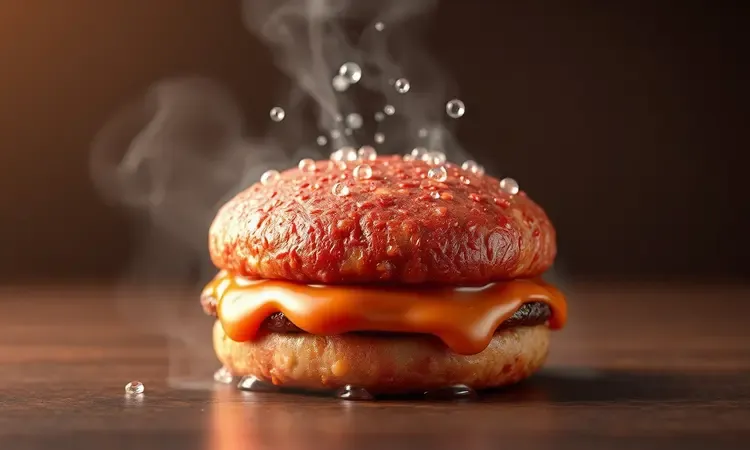 Hambúrguer suculento com vapor sutil e brilho de umidade para representar o ponto perfeito na air fryer.