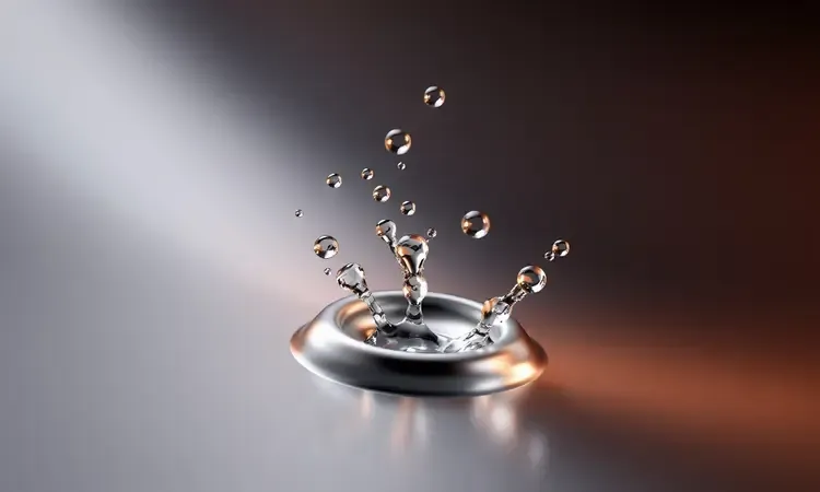 Visualização conceitual 3D de gotas de água e bolhas deslizando sobre uma superfície metálica lisa e antiaderente.