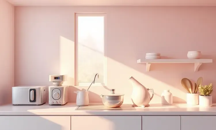 Render 3D de uma cozinha moderna e minimalista com tons suaves e iluminação quente.
