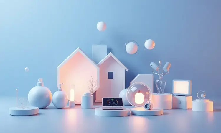 Representação 3D abstrata de inovação e tecnologia em eletrodomésticos com cores suaves e formas modernas.