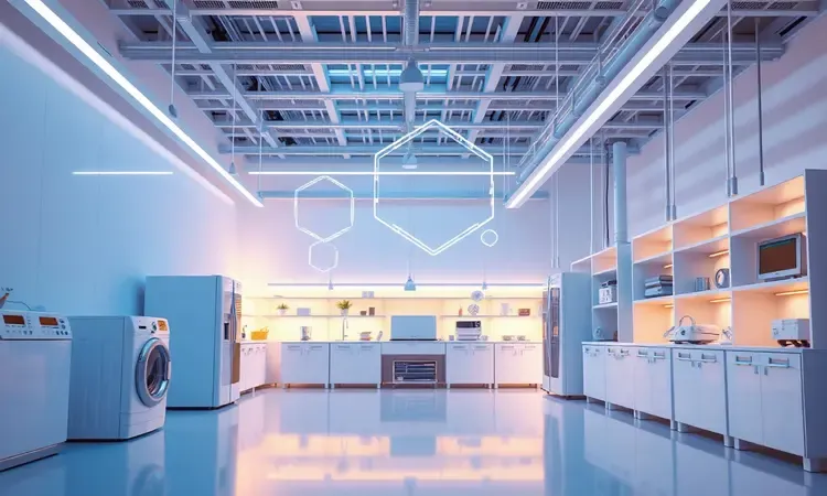 Representação conceitual 3D de inovação e tecnologia em eletrodomésticos modernos para casa.