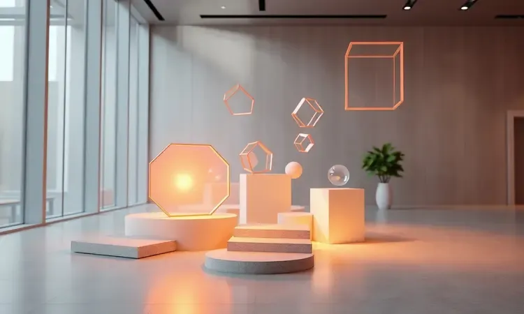 Representação conceitual 3D de crescimento e trajetória de uma marca de eletrodomésticos com formas geométricas elegantes.