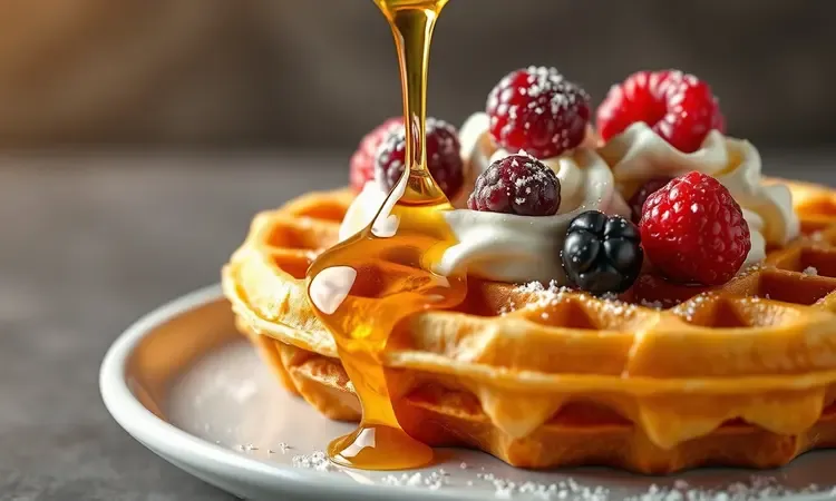 Cobertura de mel escorrendo sobre um waffle crocante com detalhes de frutas em renderização 3D.