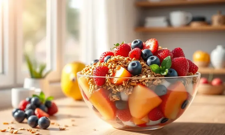 Uma taça colorida de frutas frescas com cobertura de granola crocante em um cenário vibrante de café da manhã.