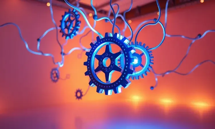 Engrenagens e fios azuis flutuantes em renderização 3D representando diagnóstico técnico de aparelhos.