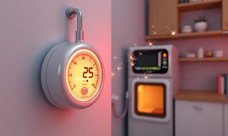 Representação conceitual 3D de um medidor de energia brilhante e ícones de economia em uma cozinha moderna.