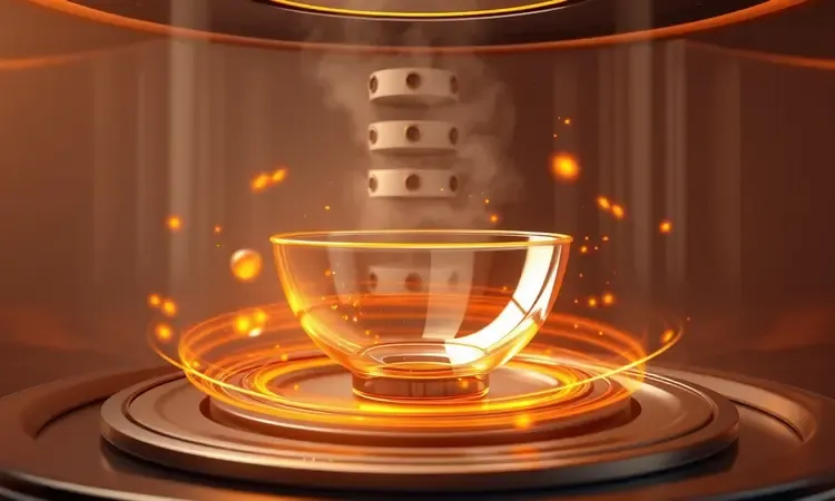 Visualização do fluxo de ar quente circulando de forma dinâmica em volta de um pote de vidro dentro de uma fritadeira.