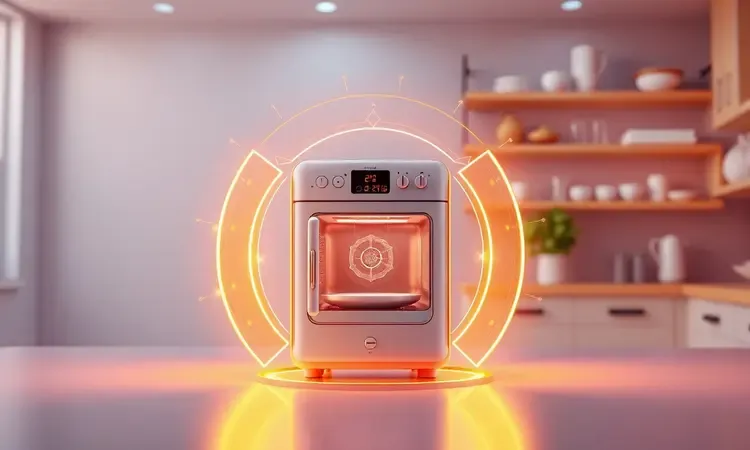 Representação conceitual em 3D de proteção e durabilidade para eletrodomésticos de cozinha com iluminação vibrante.