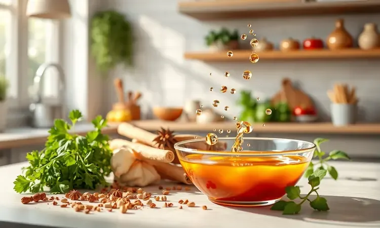 Representação conceitual 3D de ervas frescas e líquidos para marinada em uma cozinha moderna.