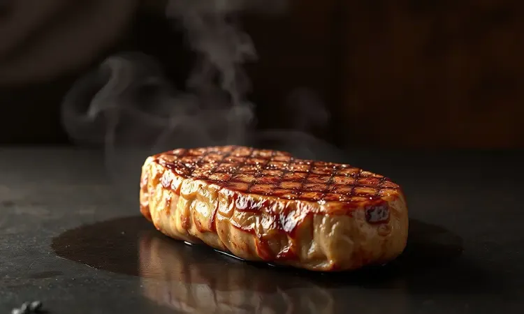Carne assada suculenta descansando em superfície rústica com iluminação âmbar e vapor sutil.
