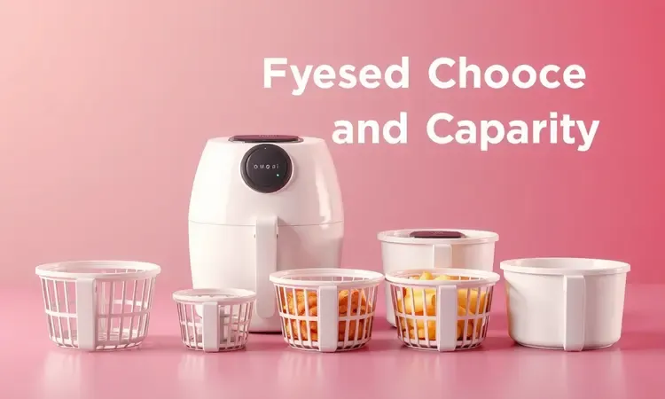 Ilustração conceitual 3D comparando diferentes volumes internos de air fryers para mostrar a importância do tamanho.