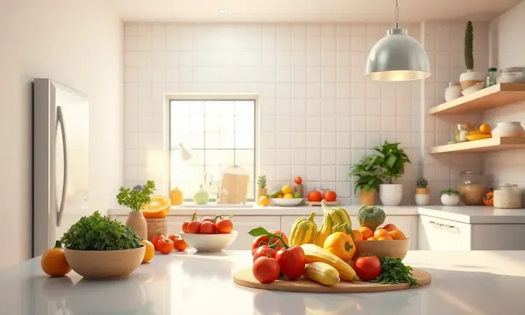 Representação conceitual em 3D de vegetais frescos e um ambiente de cozinha limpo e saudável.