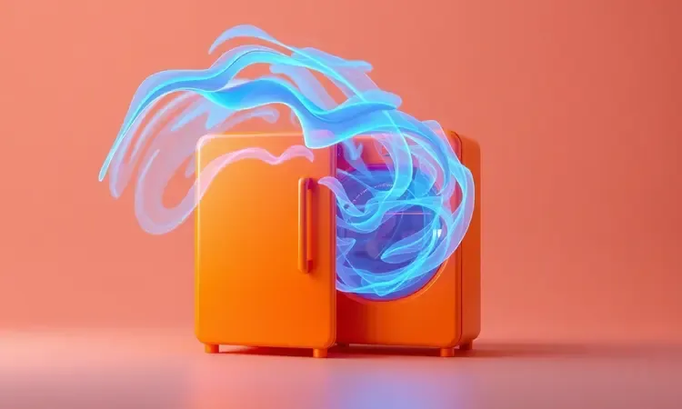 Ilustração 3D conceitual mostrando o fluxo de ar de resfriamento em uma fritadeira elétrica com tons de azul e laranja.