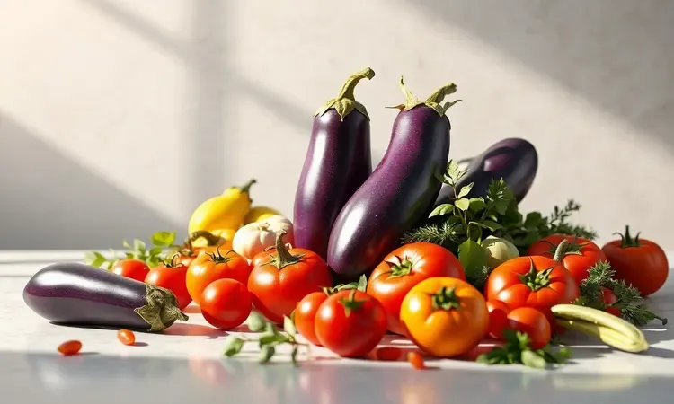 Composição artística 3D de vegetais mediterrâneos vibrantes e ervas, destacando os benefícios nutricionais da berinjela.