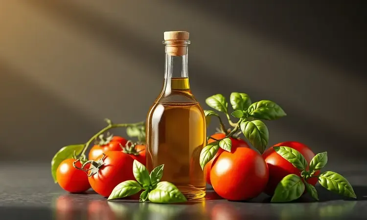Ingredientes frescos como tomate cereja manjericão e azeite de oliva para bruschetta italiana tradicional.