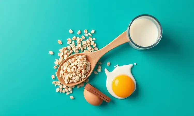 Ingredientes básicos para receita de bolinho de aveia organizados de forma artística em superfície colorida.