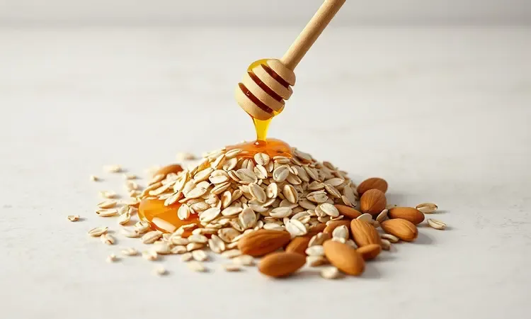 Renderização 3D de ingredientes naturais como aveia, mel e castanhas dispostos de forma equilibrada e artística.