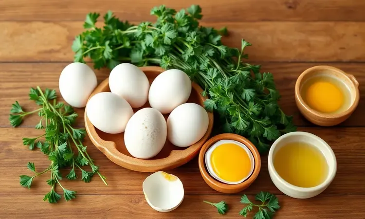 Ingredientes frescos como ovos e ervas aromáticas dispostos artisticamente sobre uma bancada de cozinha em estilo 3D.
