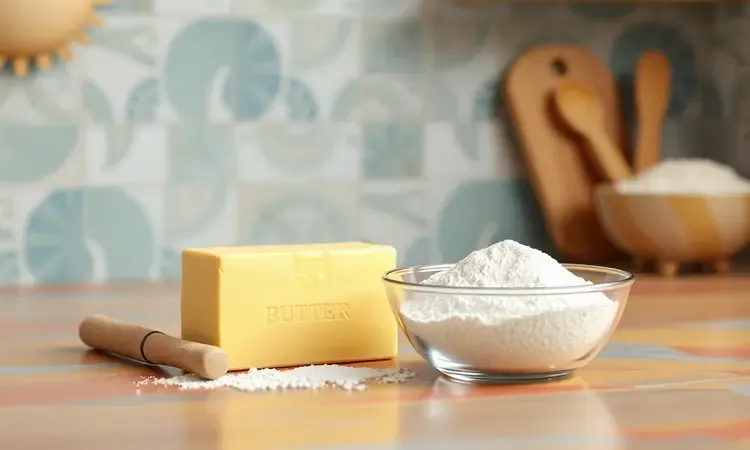 Representação em 3D dos três ingredientes básicos para biscoito amanteigado: farinha, manteiga e açúcar em uma bancada colorida.