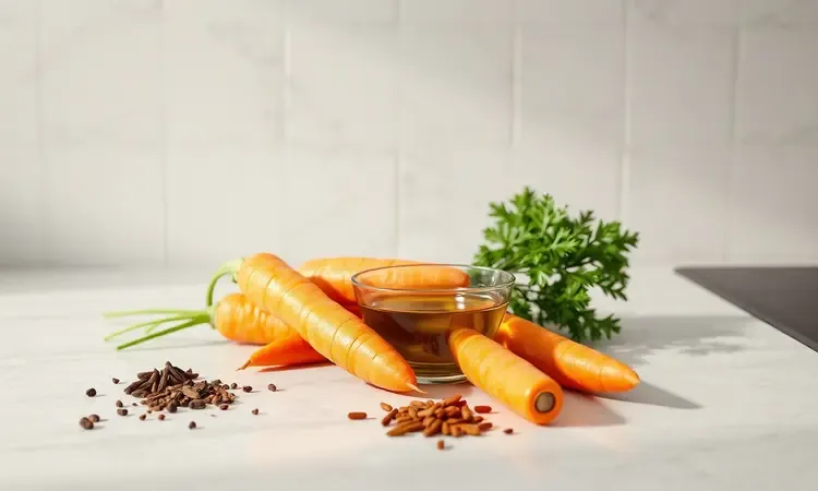 Ingredientes para temperar cenoura na airfryer com especiarias e azeite em estilo 3D vibrante.