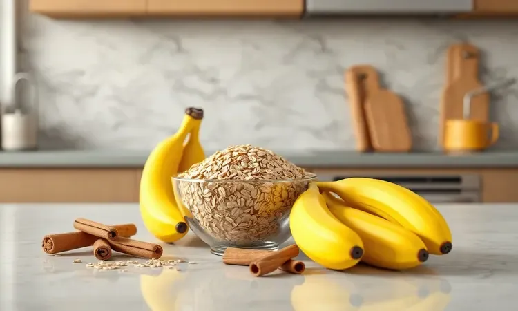 Ingredientes naturais como bananas maduras, flocos de aveia e paus de canela em uma composição 3D artística e saudável.