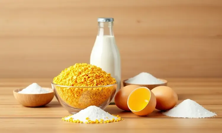 Ingredientes frescos como fubá, ovos e leite dispostos em uma mesa de cozinha estilizada com iluminação quente.