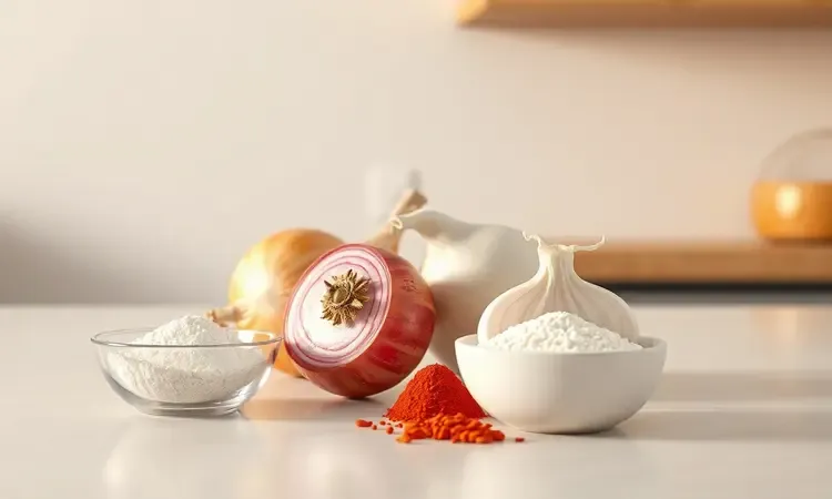 Ingredientes frescos para cebola crispy como cebolas inteiras, farinha e temperos coloridos em ambiente iluminado.