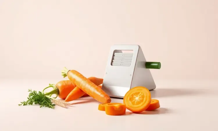 Cenouras frescas e cortador de legumes em estilo 3D vibrante e moderno.