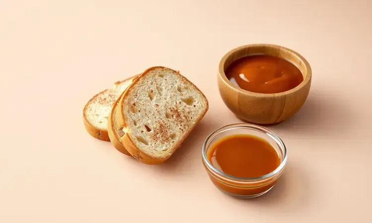 Ingredientes para fazer churros de pão de forma incluindo fatias de pão, açúcar com canela e uma tigela de doce de leite.