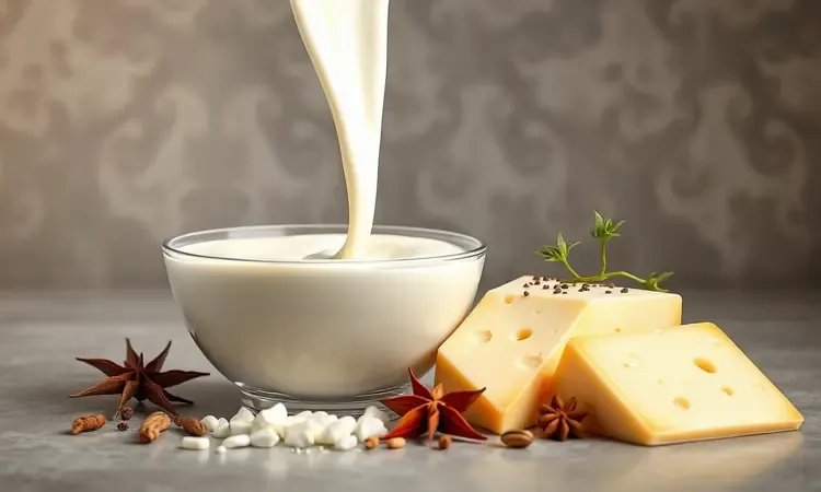 Ilustração 3D de creme fresco sendo derramado próximo a queijos e especiarias em uma composição gastronômica vibrante.