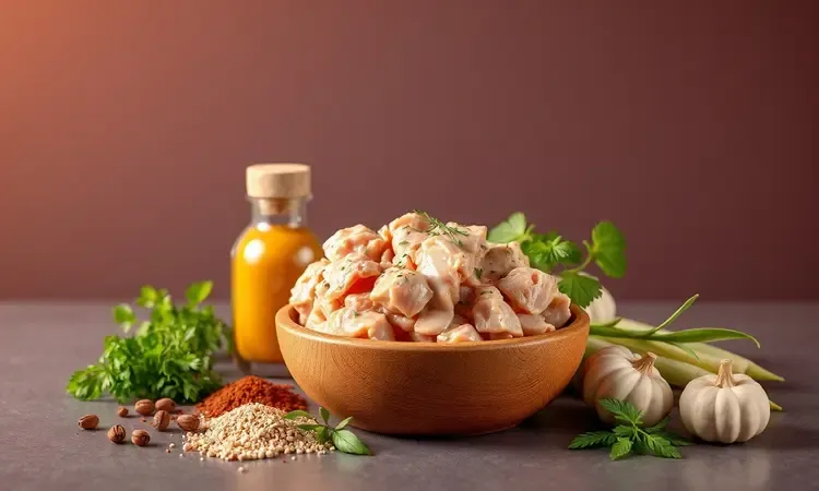 Ingredientes frescos e temperos coloridos em uma composição 3D estilizada para preparar hambúrguer de frango.