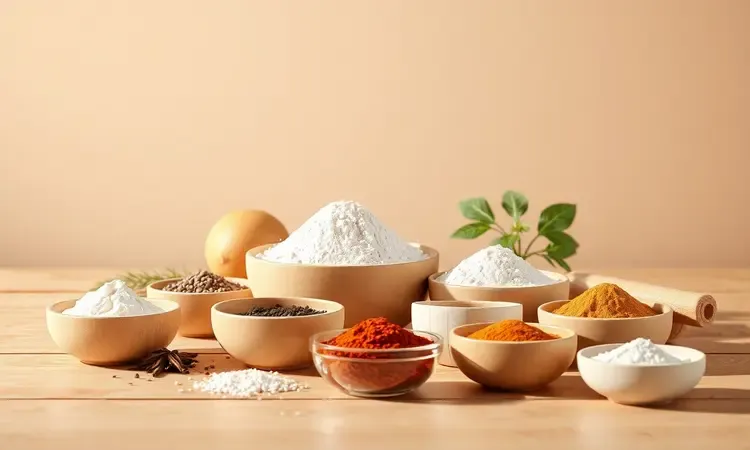 Ingredientes para empanar anéis de cebola em render 3D com iluminação quente.