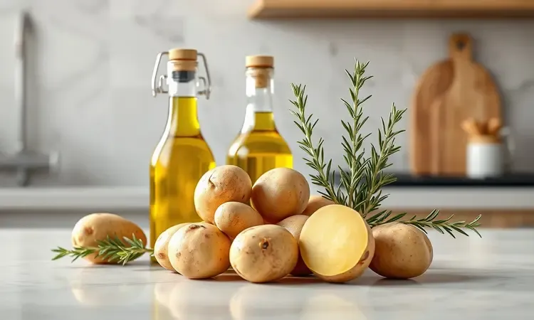 Ingredientes frescos como batatas, azeite de oliva e ramos de alecrim organizados em uma superfície limpa e iluminada.