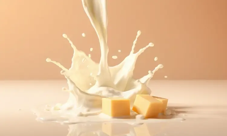 Renderização 3D conceitual de leite, queijo e granulado de tapioca flutuando em um ambiente com luz suave.