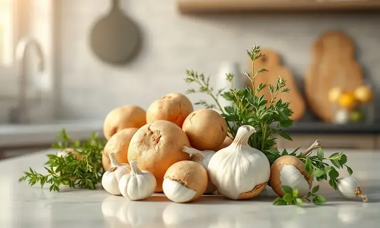 Ingredientes frescos como batatas e ervas organizados de forma artística sobre uma bancada de cozinha moderna com iluminação suave.
