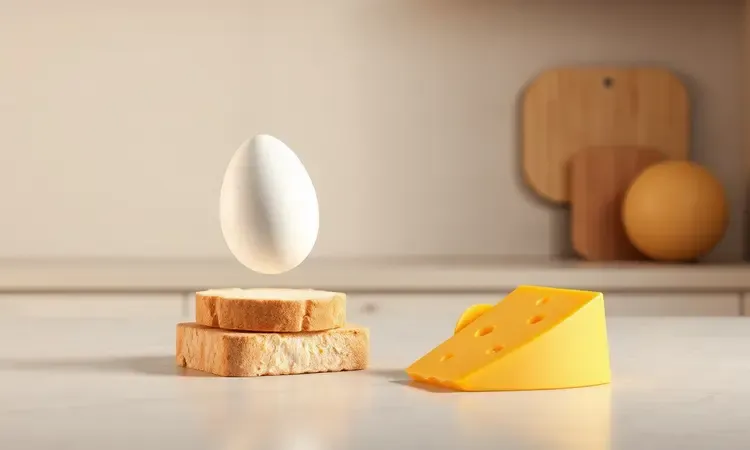 Ingredientes básicos para receita de pão com ovo e queijo em composição artística 3D vibrante.