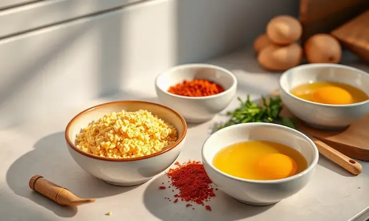 Bowls minimalistas contendo farinha de rosca, ovos batidos e temperos vibrantes para preparar frango empanado.