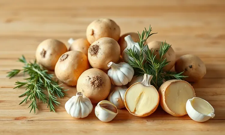 Ingredientes frescos como batatas, alho e alecrim dispostos para preparar frango na airfryer.