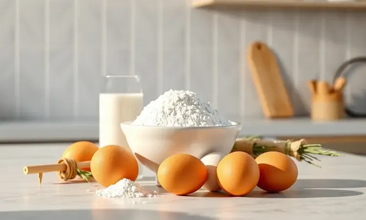 Ingredientes de panificação como ovos, farinha e leite organizados em uma cozinha moderna para preparar massa de bolinho.
