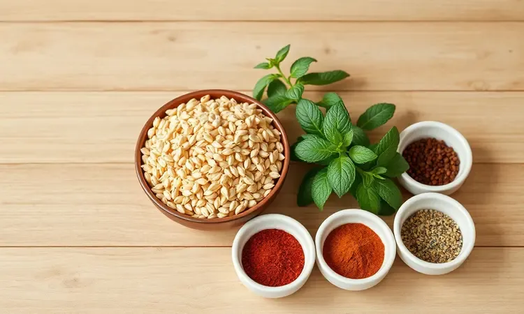 Composição artística de ingredientes para kibe com trigo, hortelã e especiarias em recipientes de cerâmica.