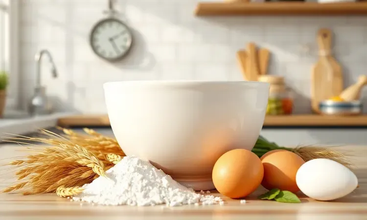 Ingredientes básicos como ovos, farinha e leite organizados em uma composição 3D artística e minimalista.