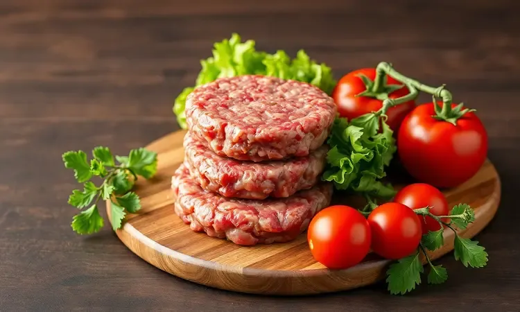 Ingredientes frescos como carne bovina moída, alface crocante e tomates maduros organizados de forma artística em renderização 3D.